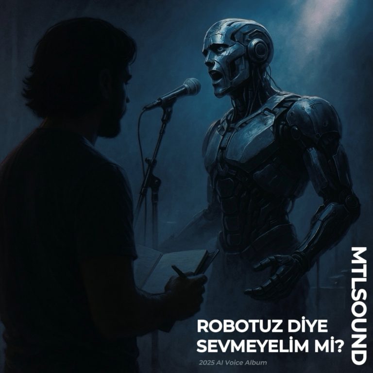 Robotuz Diye Sevmeyelim Mi albüm kapağı – AI Voice ile seslendirilmiş Türkçe duygusal pop albümü, Mutlu Yiğit tarafından hazırlanmıştır.